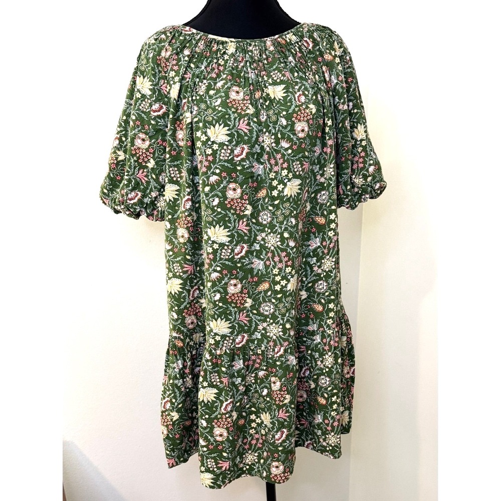 LOFT Green Floral Puff Sleeve Tiered Mini Dress Womens Small Cottagecore Shift